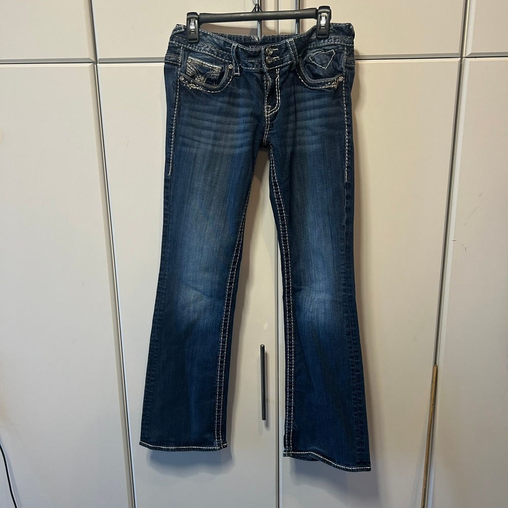 Vigoss Bootcut Jeans Dark Wash Embellished Pocket White Stitching Size 9/10